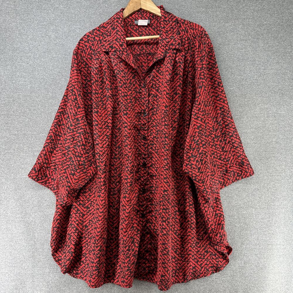 Vintage MC Blouse Women's 5X Plus Size USA Bold Abstract Shiny Fabric Red Black